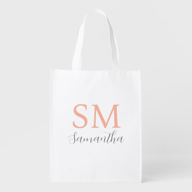 Large Monogram & Grey Script Name Grocery Bag (Front)