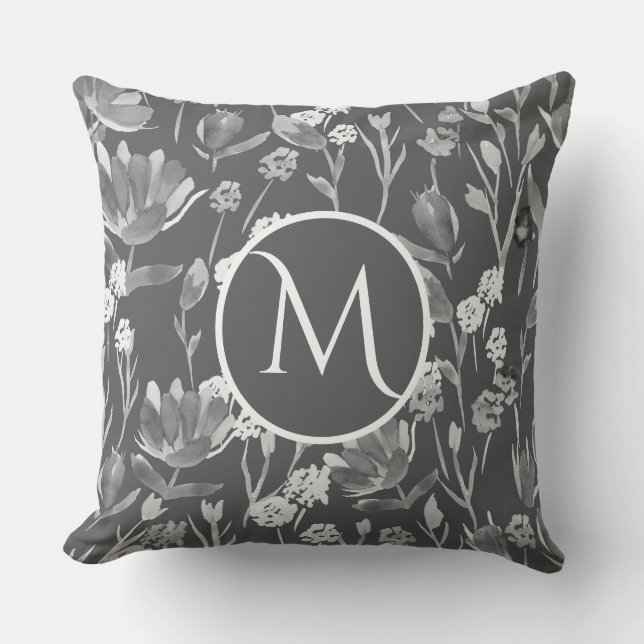 Large Monogram Initial Romantic Gray Floral  Throw Pillow (Front)