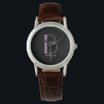 Large Monogram & Name, Lavender/White Text, Black Watch<br><div class="desc">Personalize this stylish and simple text design with your name in white and your large monogram in lavender on black background. Click “Edit Using Design Tool” to change colors and type styles.</div>