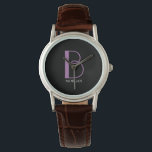 Large Monogram & Name, Lavender/White Text, Black Watch<br><div class="desc">Personalize this stylish and simple text design with your name in white and your large monogram in lavender on black background. Click “Edit Using Design Tool” to change colors and type styles.</div>