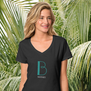 Large Monogram & Name, Teal & White Text T-Shirt
