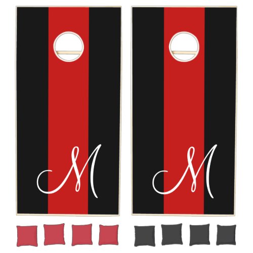 Large Monogram on Red and Black Stripes Cornhole Set