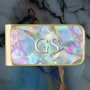 Large Monogram or Name on Opal Gold Finish Money Clip