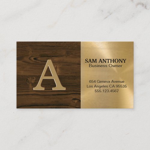 Large Monogram  Wood Grain Gold Metallic Business Card