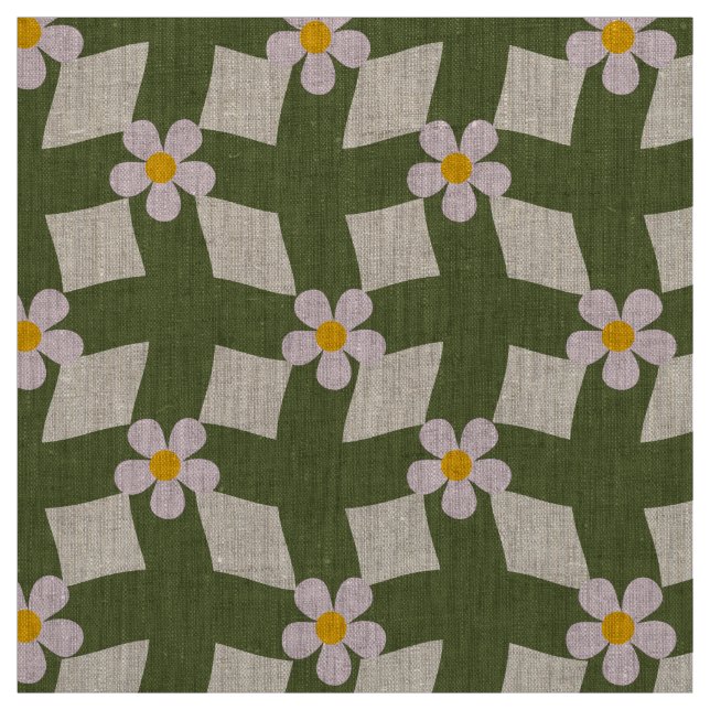 Large Moss Abstract Floral Grid Natural Linen Fabric (Swatch)