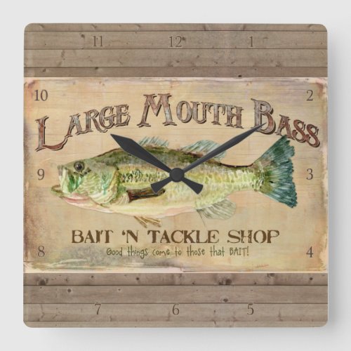 Large Mouth Bass Bait n Tackle Lake Decor Square Wall Clock
