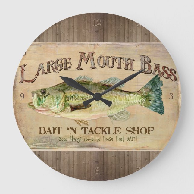 Large Mouth Bass Fisherman Cabin Wood Boards Clock (Front)
