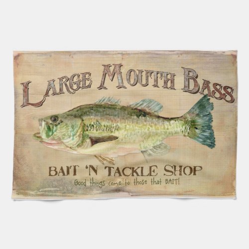 Large Mouth Bass Fisherman Cabin Wood Boards Kitchen Towel