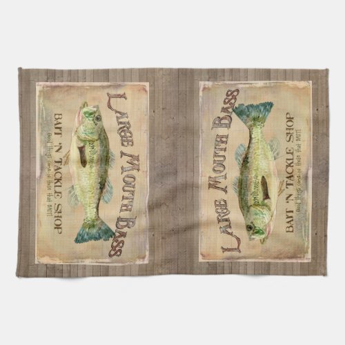 Large Mouth Bass Fisherman Cabin Wood Boards Kitchen Towel