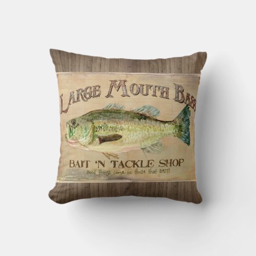 Large Mouth Bass Fisherman Cabin Wood Boards Throw Pillow