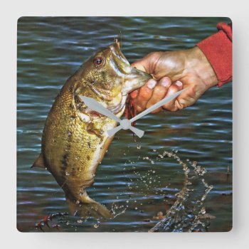 Large Mouth Bass Fishing Vintage Photography Square Wall Clock by WackemArt at Zazzle