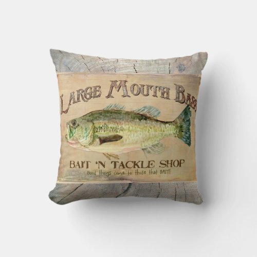 Large Mouth Bass Lakeside Fishing Cabin Wood Throw Pillow