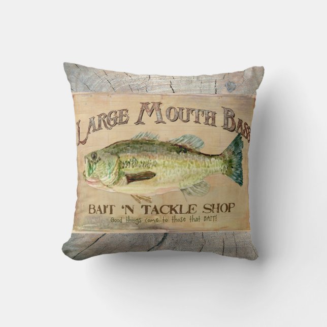 Large Mouth Bass Lakeside Fishing Cabin Wood Throw Pillow (Front)