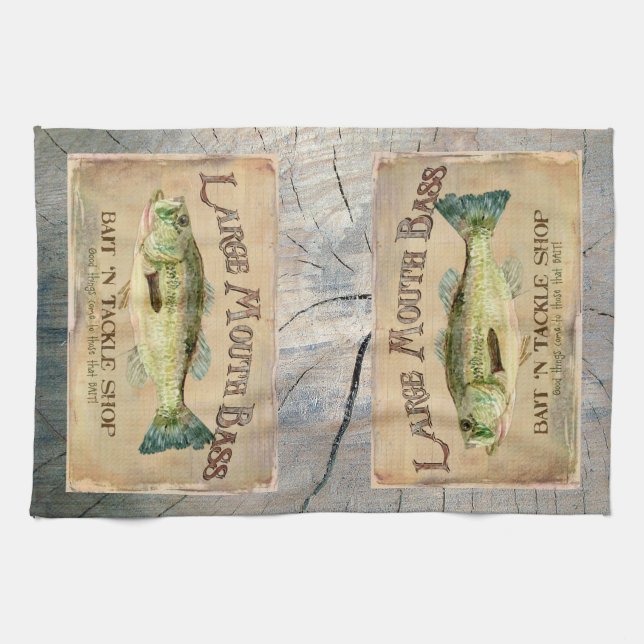 Large Mouth Bass Lakeside Fishing Cabin Wood Towel (Horizontal)