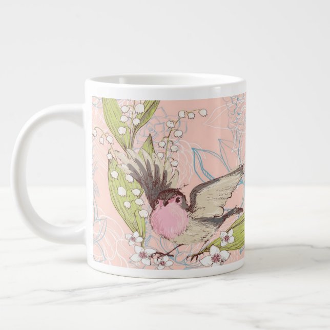 Large Mug with a Peach Floral Background & Bird (Left)