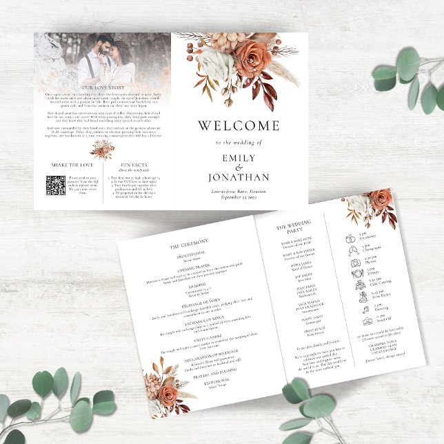 Large Multi-purpose Rust Florals Icon Program Brochure (View of outside and inside when open)