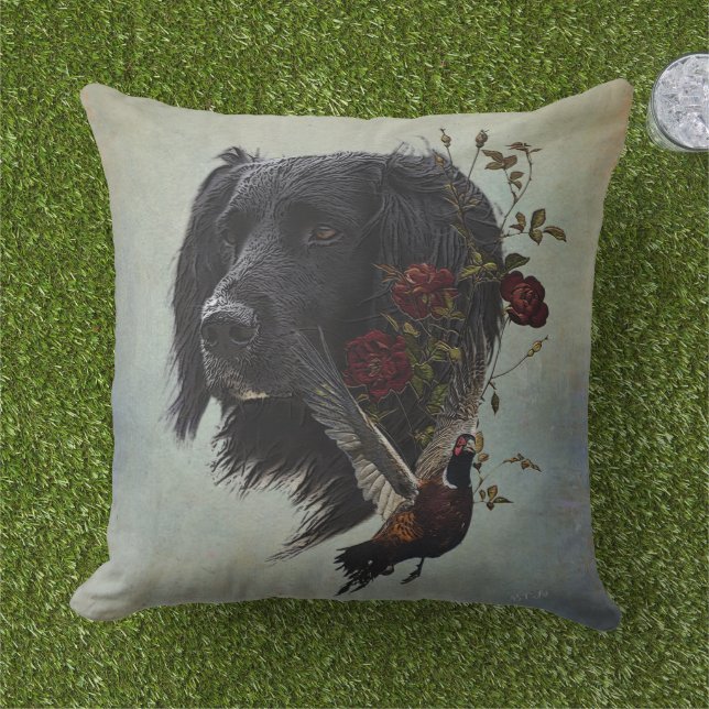 Large Munsterlander with pheasant    Outdoor Pillow (Grass)