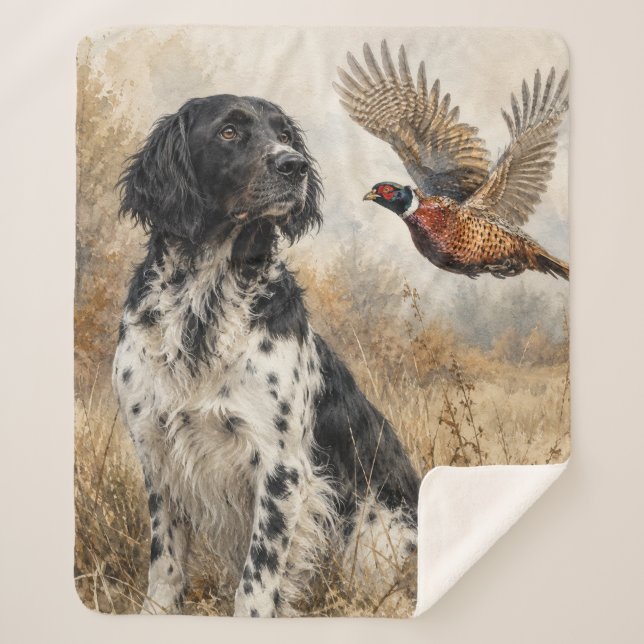 Large Münsterländer with  Pheasant Sherpa Blanket (Front)