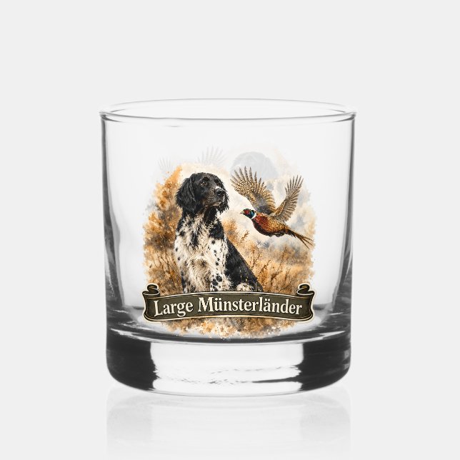 Large Münsterländer with  Pheasant Whiskey Glass (Front)