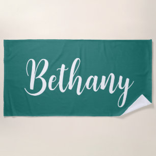 Large Name in White on Dark Aqua Blue Green Beach Towel