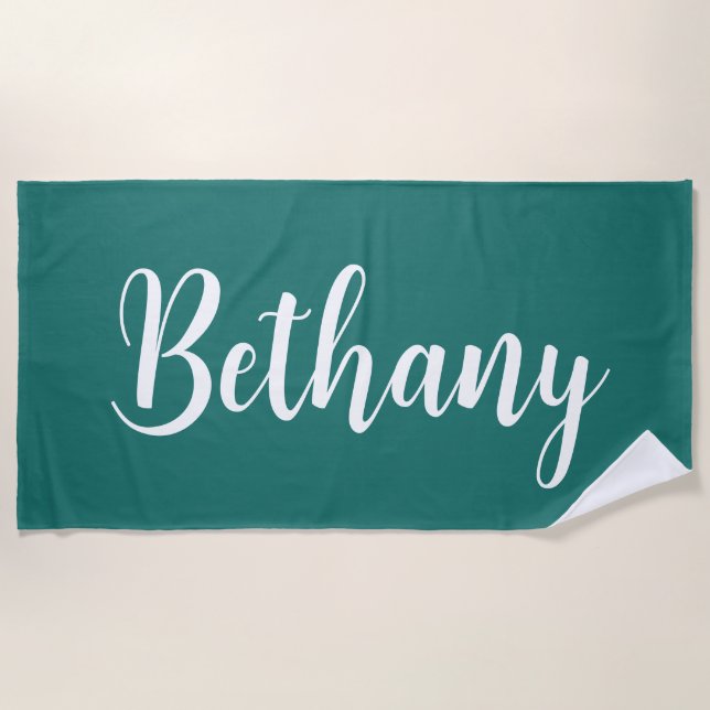 Large Name in White on Dark Aqua Blue Green Beach Towel (Front)