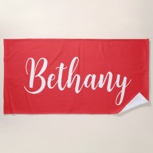 Large Name in White on Dark Deep Red Beach Towel