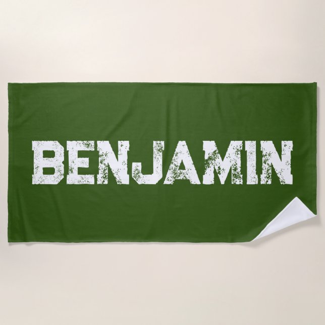 Large Name in White on Dark Green Emerald Beach Towel (Front)