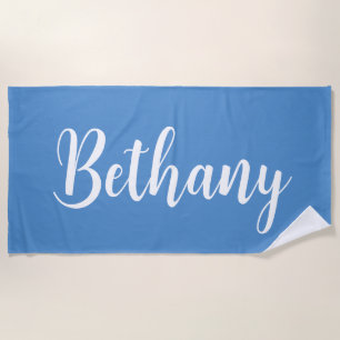 Large Name in White on Soft Blue Beach Towel