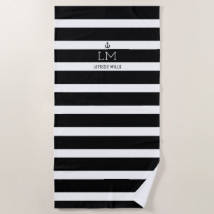 large nautical black & white stripes monogrammed beach towel