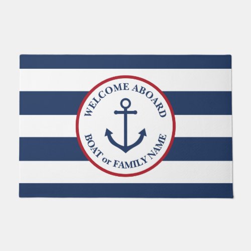 Large nautical navy striped welcome aboard doormat