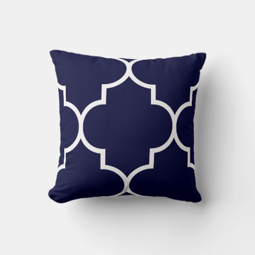 Large Navy Blue And White Quatrefoil Throw Pillow