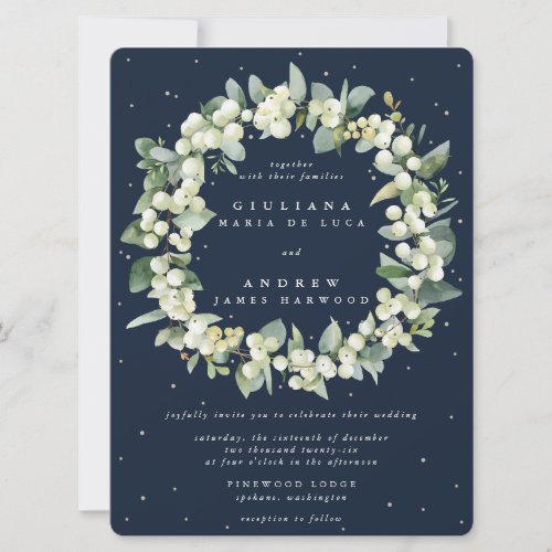 Large Navy SnowberryEucalyptus Wreath Wedding Invitation
