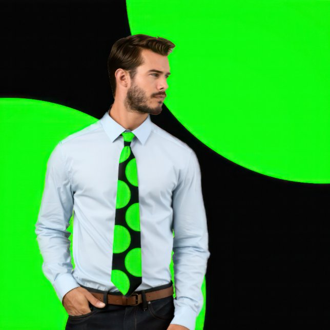 Large Neon Green Dots on Black Background Neck Tie (Man wears a necktie with large neon green polka dots on black.)