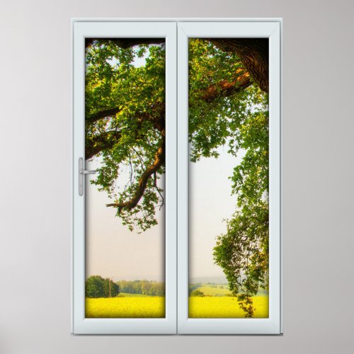 Large Oak Tree Window with a View Illusion Poster