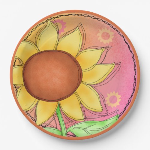 Large Off Center Yellow Sunflower Floral Pink Paper Plates