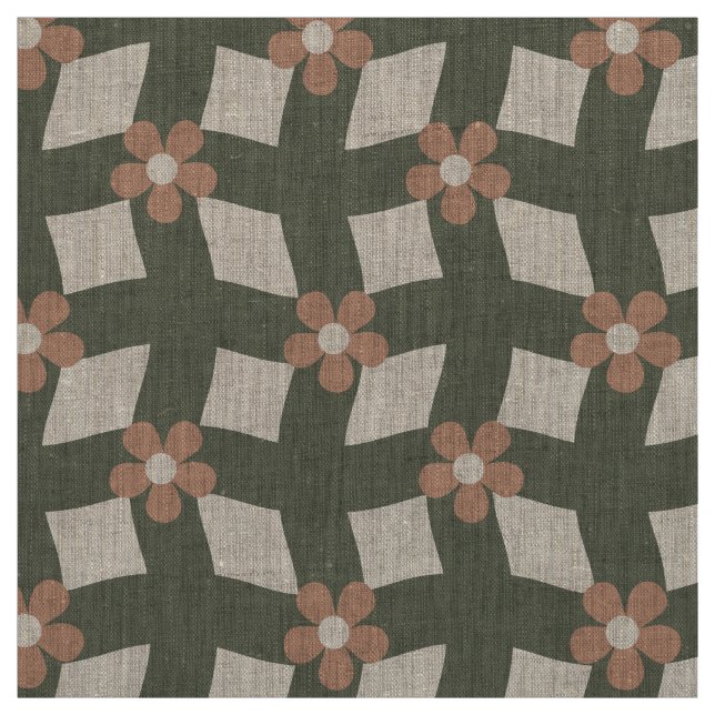 Large Olive Abstract Floral Grid - Natural Linen Fabric (Swatch)