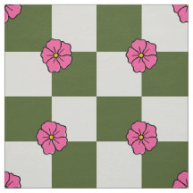 Large Olive Pink Floral Checkerboard Twill