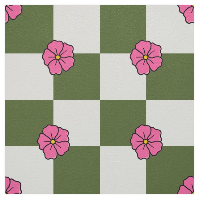 Large Olive Pink Floral Checkerboard Twill Fabric (Swatch)