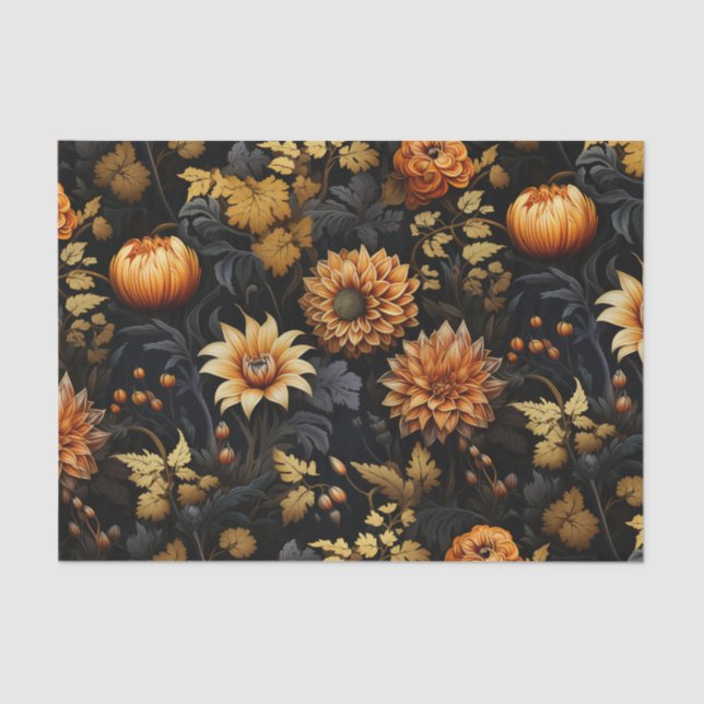 Large Orange Black Fall Floral Tissue Paper (Front)