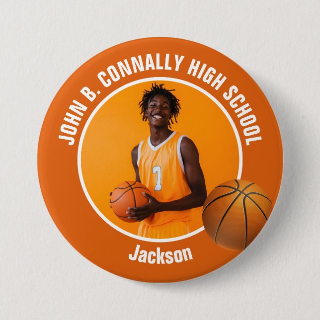 Large Orange High School Basketball Player Photo Button (Front)