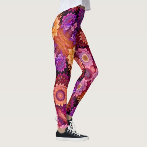 Large Orange Pink and Purple Flowers Leggings