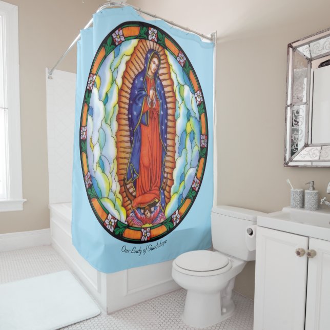 Large Our Lady of Guadalupe White Shower Curtain (In Situ)