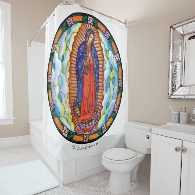 Large Our Lady of Guadalupe White Shower Curtain (In Situ)