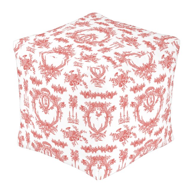 Large Outdoor Pouf in strawberry Marie Toile (Angled Back)