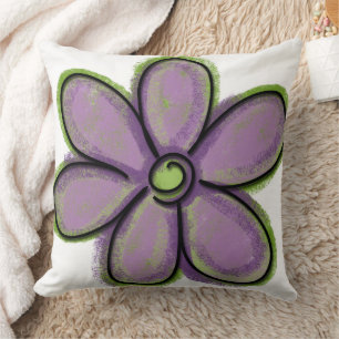 Large Painted Purple Green Chalk Flower Throw Pillow