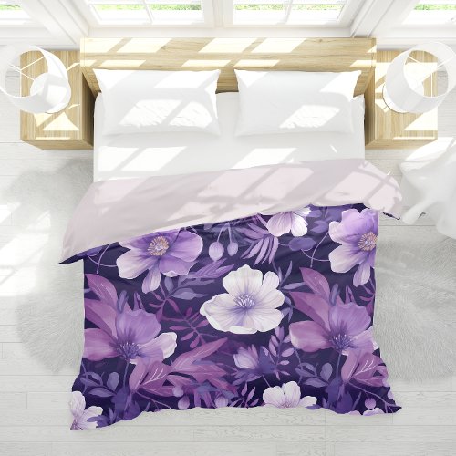Large Painterly Flowers Purple Girly  Duvet Cover