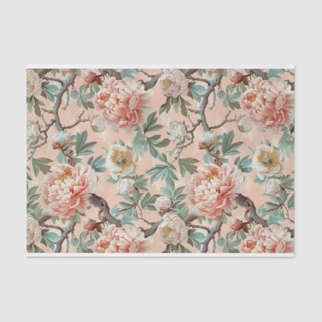 Large Pale Pink and Ivory Peony Branch Pattern Tissue Paper (Front)