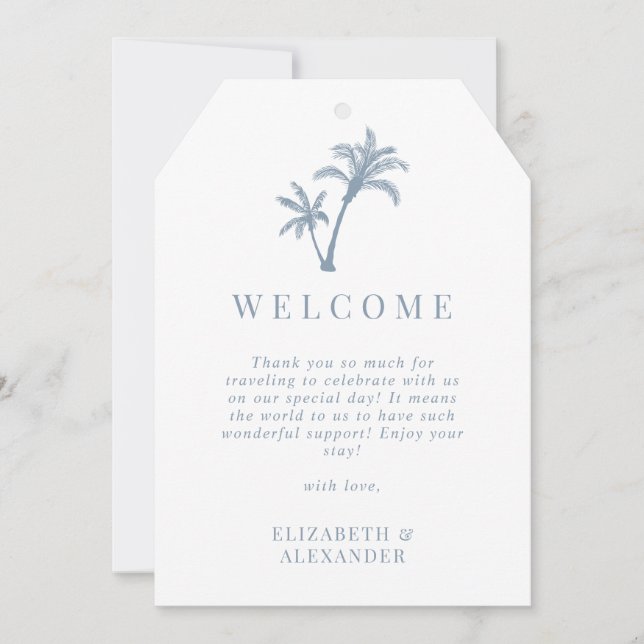 Large PalmTree Dusty Blue Wedding Welcome Gift Tag Thank You Card (Front)