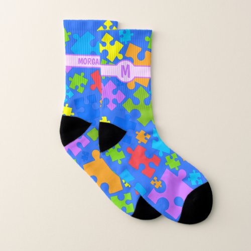 Large Pastel Color Autism Puzzle Pieces on B BLUE Socks