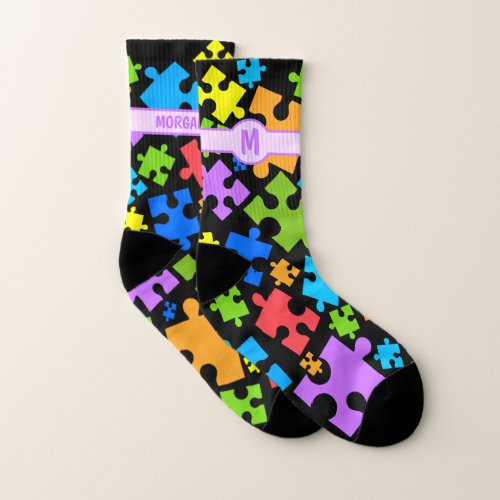 Large Pastel Color Autism Puzzle Pieces on BLACK Socks